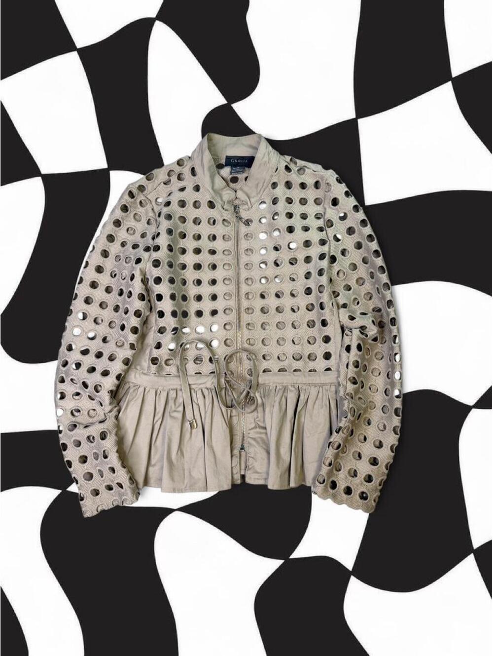 Y2K Gracia cream cotton & polyester jacket with circular cutouts,